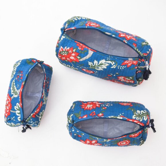 Cotton Toiletry Bag Floral Print Blue Color Toiletry Bag Pack 3 For Women